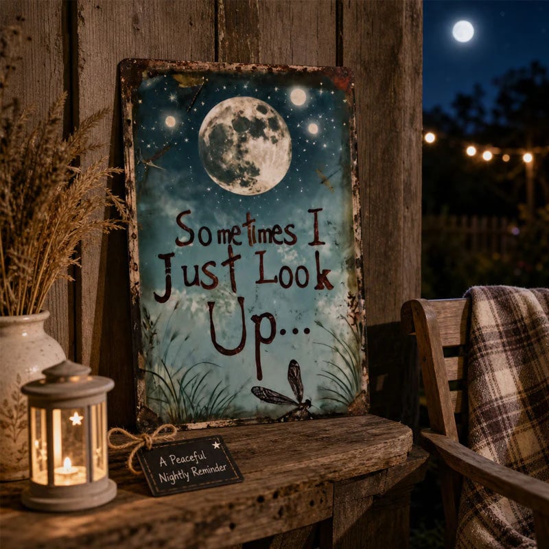🌙 Retro Night Sky Metal Sign – “Sometimes I just look up...” Inspirational Wall Decor
