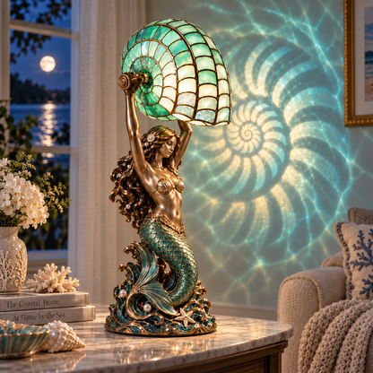 🧜‍♀️ Cast a Magical Ocean Glow! Vintage Mermaid Nautilus Stained Glass Ambient Lamp