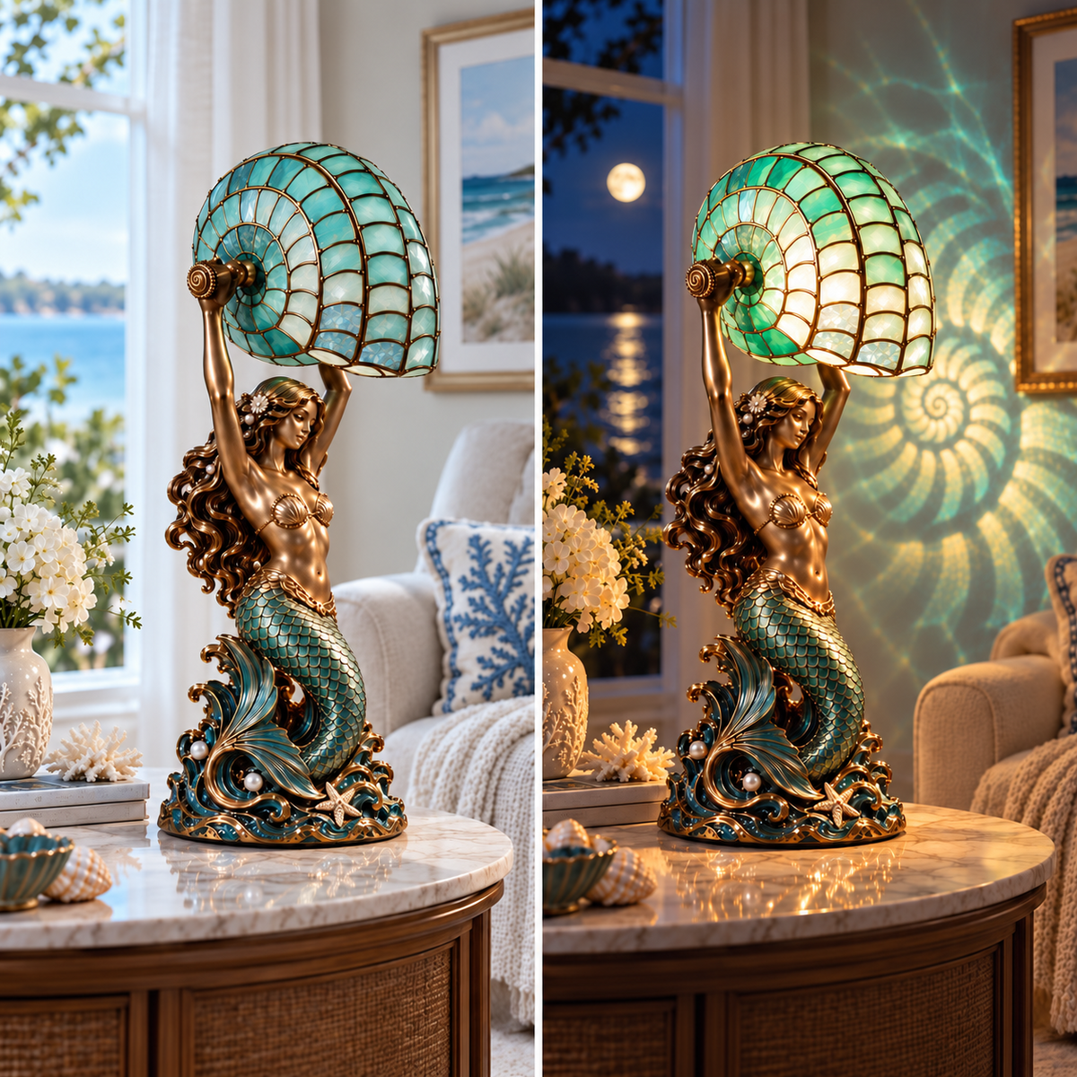 🧜‍♀️ Cast a Magical Ocean Glow! Vintage Mermaid Nautilus Stained Glass Ambient Lamp
