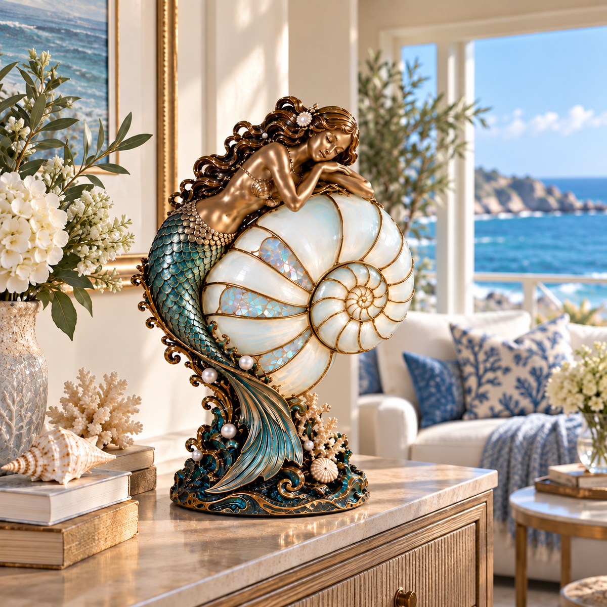 🧜‍♀️ Cast a Magical Ocean Glow! Vintage Mermaid Nautilus Stained Glass Ambient Lamp