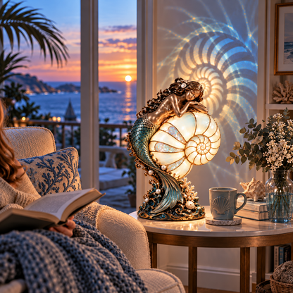 🧜‍♀️ Cast a Magical Ocean Glow! Vintage Mermaid Nautilus Stained Glass Ambient Lamp