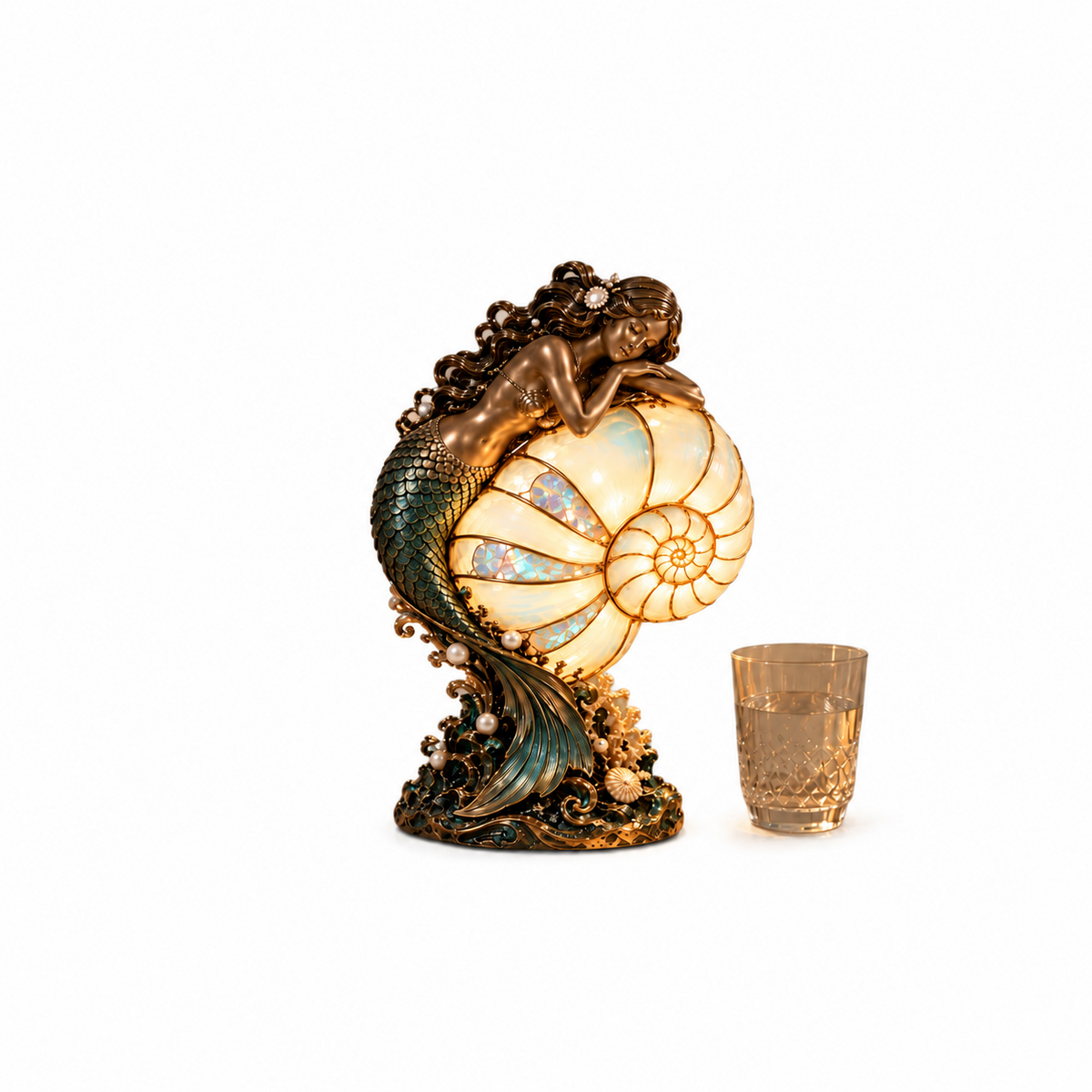 🧜‍♀️ Cast a Magical Ocean Glow! Vintage Mermaid Nautilus Stained Glass Ambient Lamp