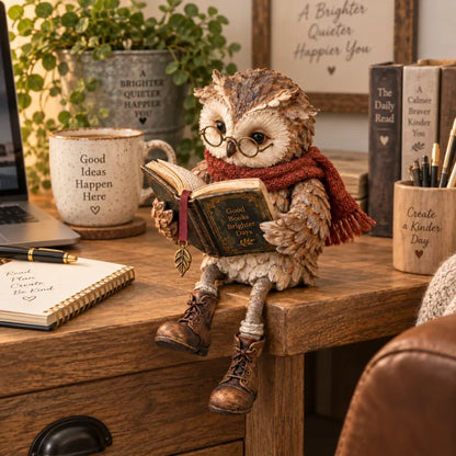 🦉📚 Figurine de chouette lectrice — Cadeau original pour les passionnés de lecture, avec lunettes, écharpe et bottes