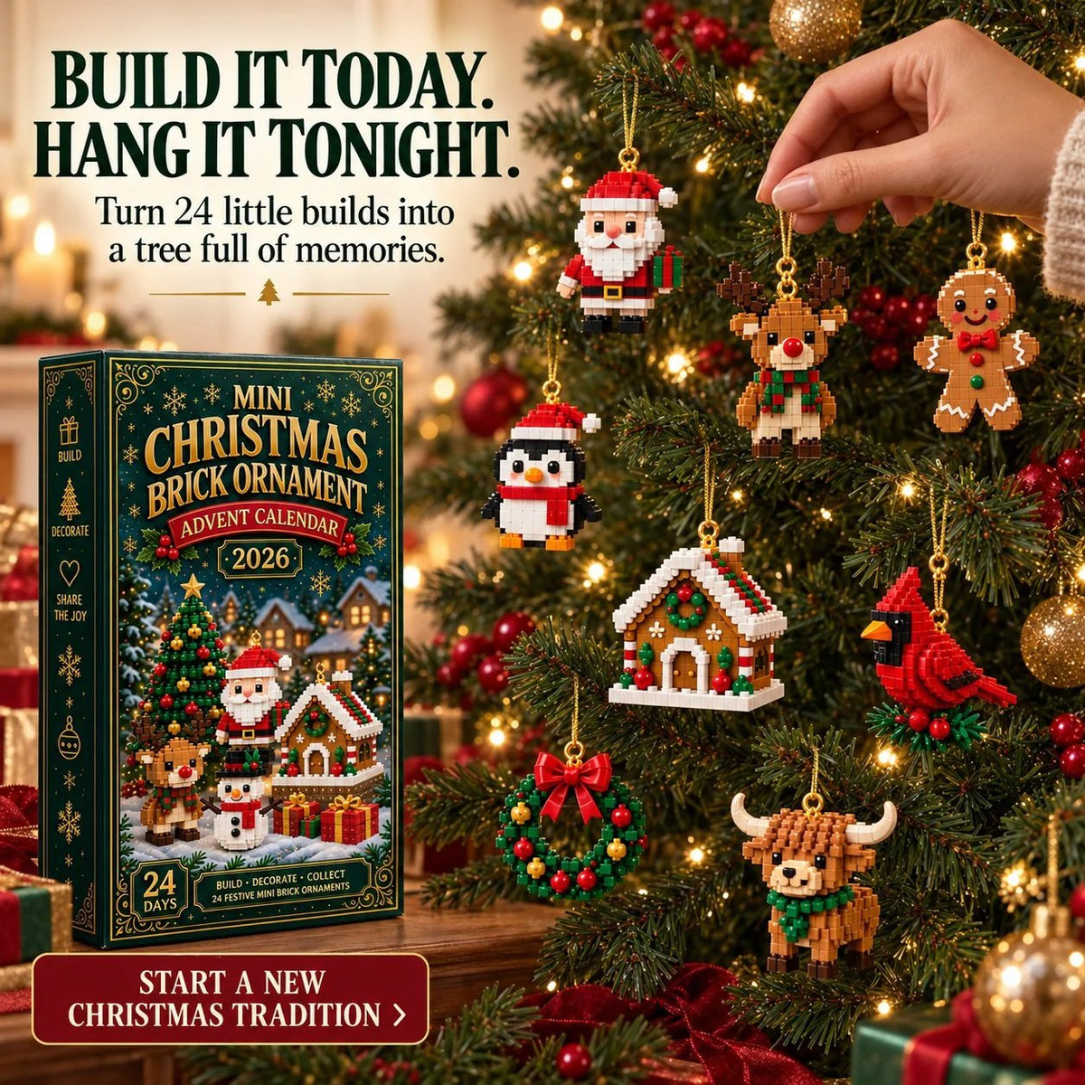 🎄 24-Day Mini Christmas Ornament Advent Calendar | 24 unique festive buildable designs with hanging loops—perfect for decorating Christmas trees, wreaths, and holiday displays 🧱