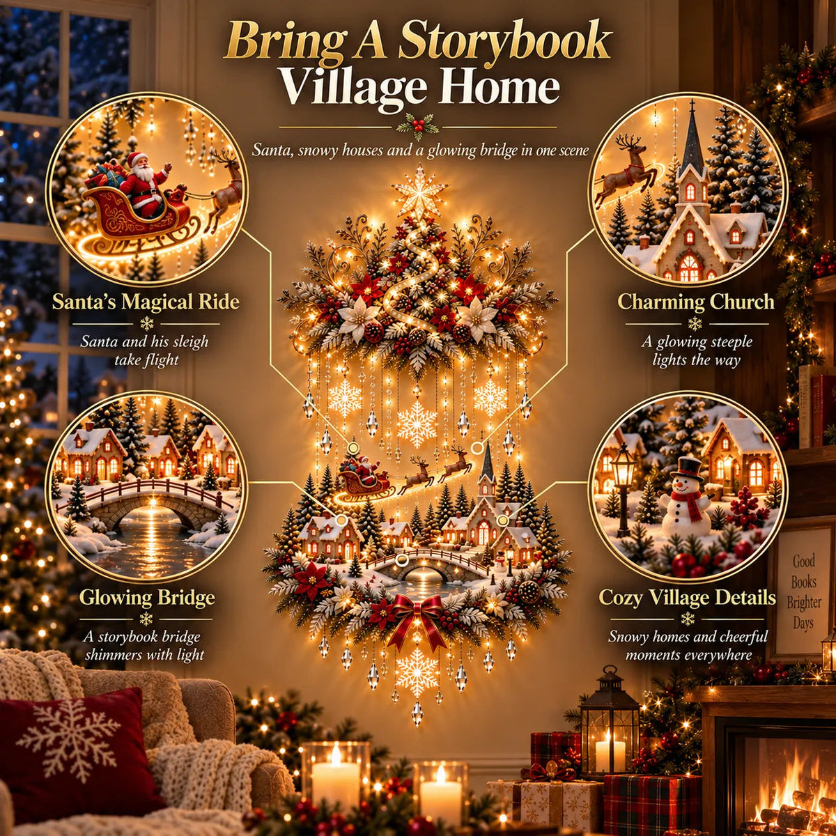 🎄 Illuminated Christmas Tree & Village Wall Hanging | Cascading Warm Lights for Living Rooms, Entryways & Staircases ✨