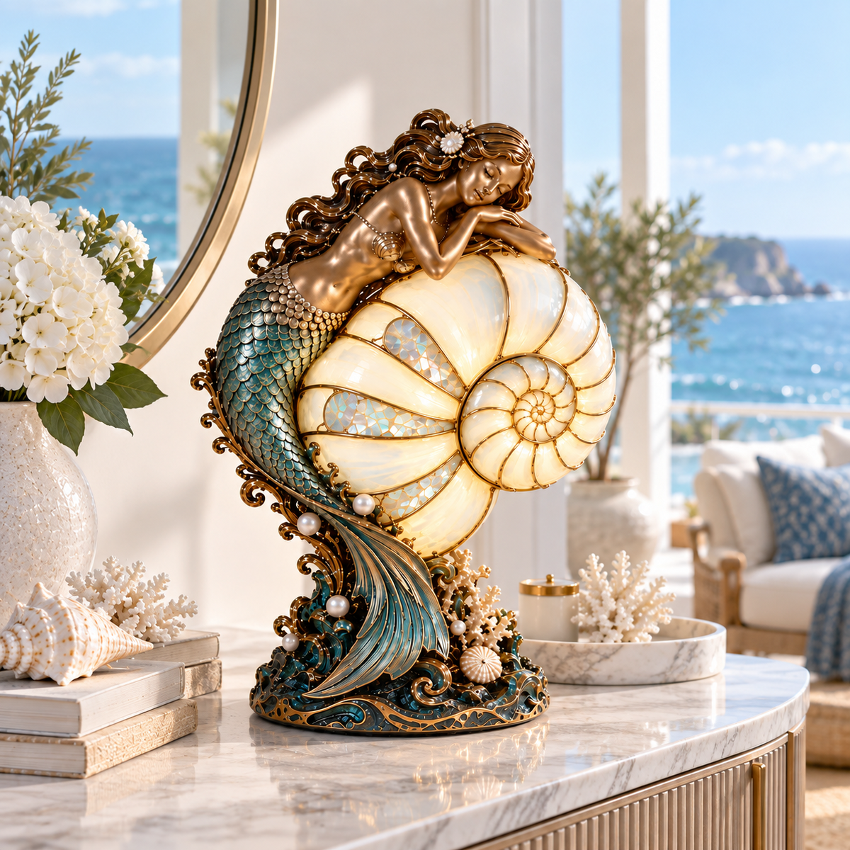 🧜‍♀️ Cast a Magical Ocean Glow! Vintage Mermaid Nautilus Stained Glass Ambient Lamp