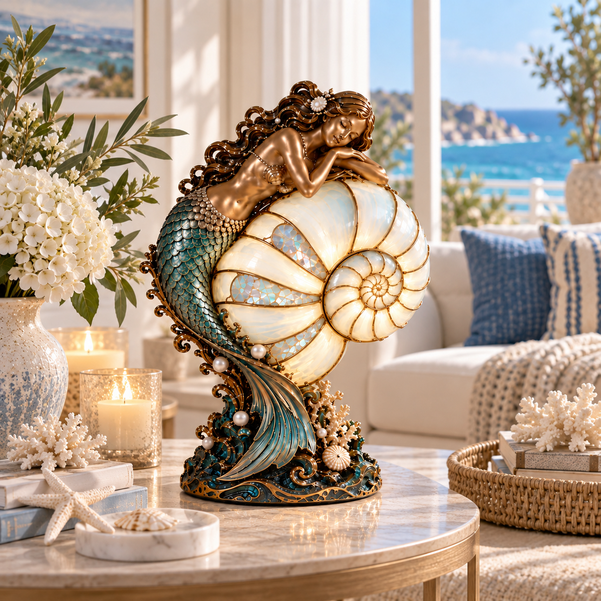 🧜‍♀️ Cast a Magical Ocean Glow! Vintage Mermaid Nautilus Stained Glass Ambient Lamp