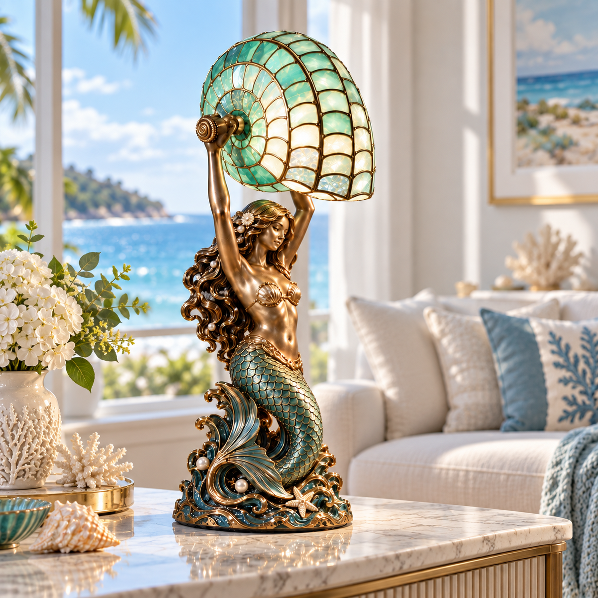 🧜‍♀️ Cast a Magical Ocean Glow! Vintage Mermaid Nautilus Stained Glass Ambient Lamp