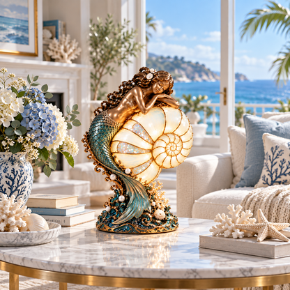 🧜‍♀️ Cast a Magical Ocean Glow! Vintage Mermaid Nautilus Stained Glass Ambient Lamp