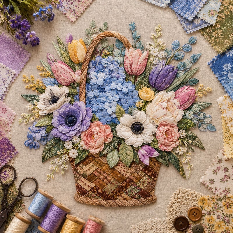 🌸🧵 Premium Floral Basket Patchwork DIY Kit | High-Quality Layered Fabric Bouquet with Raised Petals & Woven Basket Details ✨