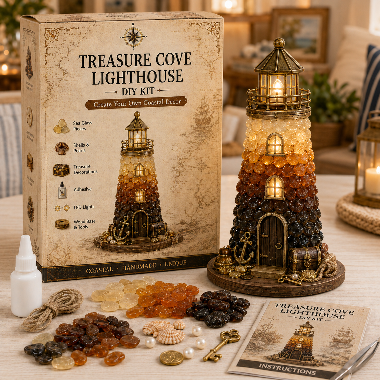 ⏳ Last Day 49% OFF – 🌊 DIY Sea Glass Lighthouse Kit – Light-Up Coastal Craft & Handmade Home Decor