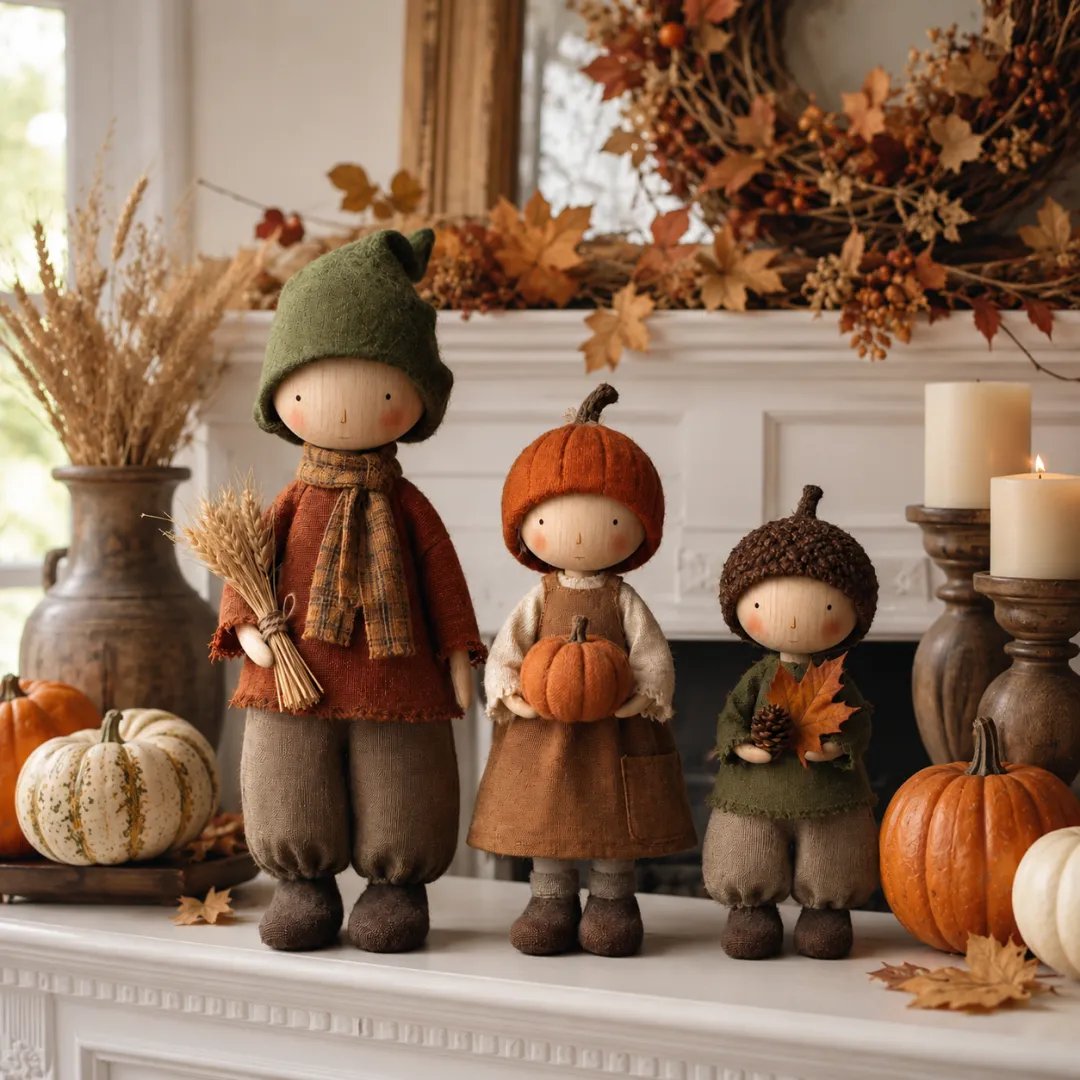 Set of 3 Rustic Fall Harvest Doll Figurines