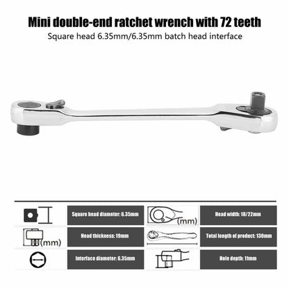 1/4 Inch Mini Double Headed Ratchet Wrench Silver 72-Tooth 5° Quick Release Drive Socket Tool