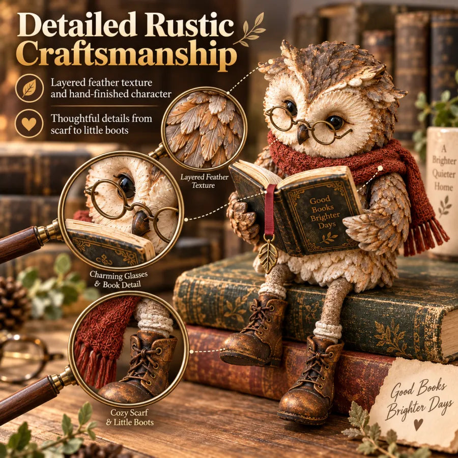 🦉📚 Figurine de chouette lectrice — Cadeau original pour les passionnés de lecture, avec lunettes, écharpe et bottes