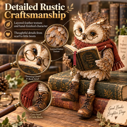 🦉📚 Figurine de chouette lectrice — Cadeau original pour les passionnés de lecture, avec lunettes, écharpe et bottes