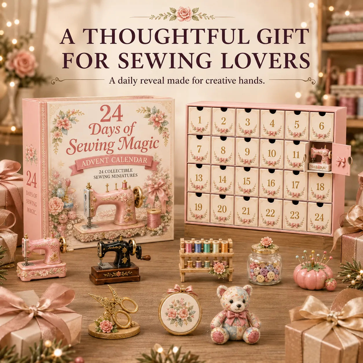 🧵24 Days Of Sewing Magic Advent Calendar | 24 Sewing-Inspired Miniatures for Craft Lovers, Quilters & Handmade Enthusiasts 🎁