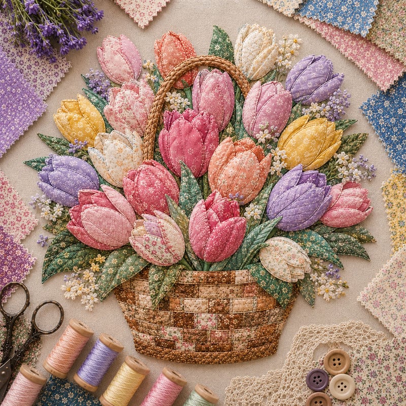 🌸🧵 Premium Floral Basket Patchwork DIY Kit | High-Quality Layered Fabric Bouquet with Raised Petals & Woven Basket Details ✨