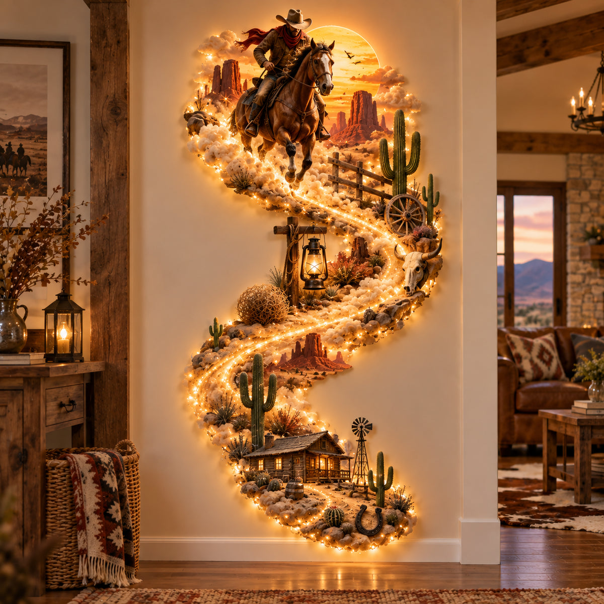 🤠Western Cowboy LED Wall Decor – Lighted Wild West Desert Scene with Horseback Rider, Cactus & Ranch Details