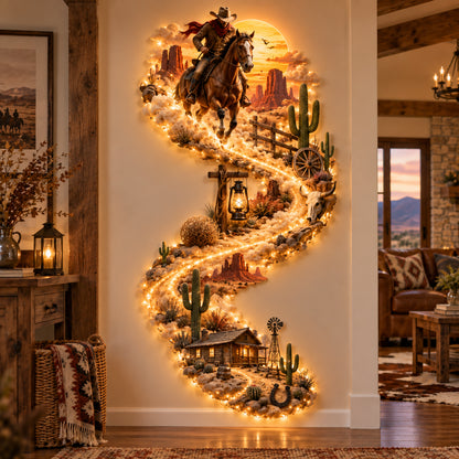 🤠Western Cowboy LED Wall Decor – Lighted Wild West Desert Scene with Horseback Rider, Cactus & Ranch Details