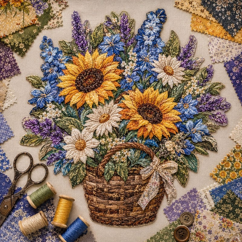 🌸🧵 Premium Floral Basket Patchwork DIY Kit | High-Quality Layered Fabric Bouquet with Raised Petals & Woven Basket Details ✨