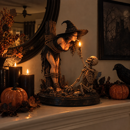 Witch & Skeleton Candle Scene Figurine – Dark Gothic Halloween Tabletop Decor