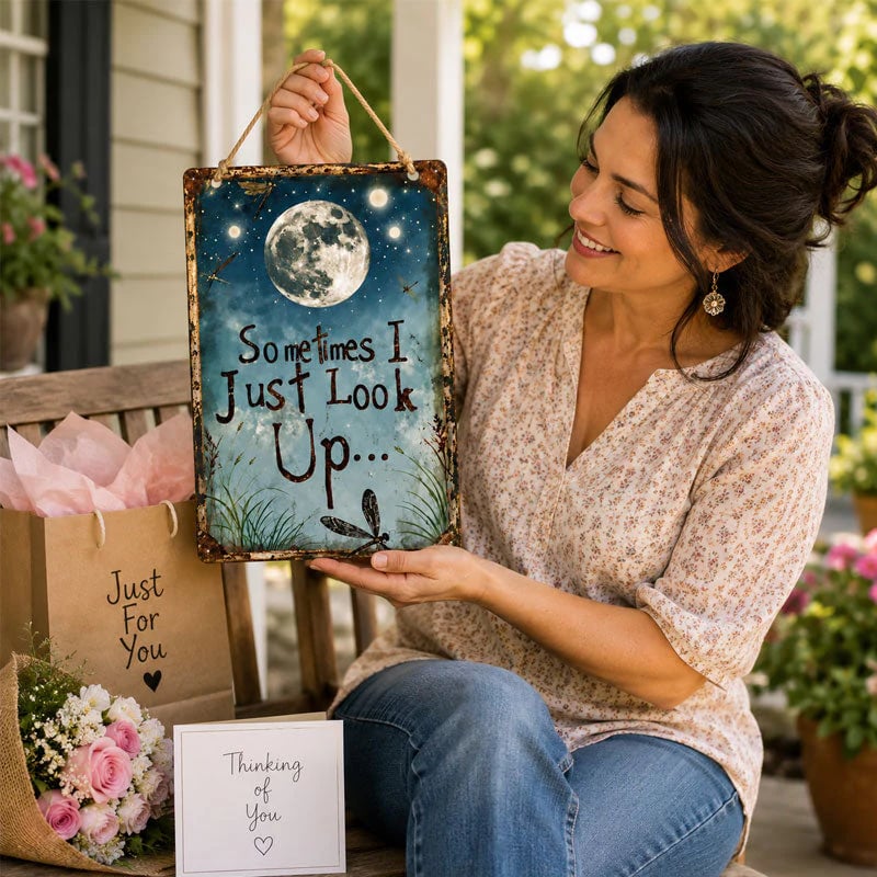 🌙 Retro Night Sky Metal Sign – “Sometimes I just look up...” Inspirational Wall Decor