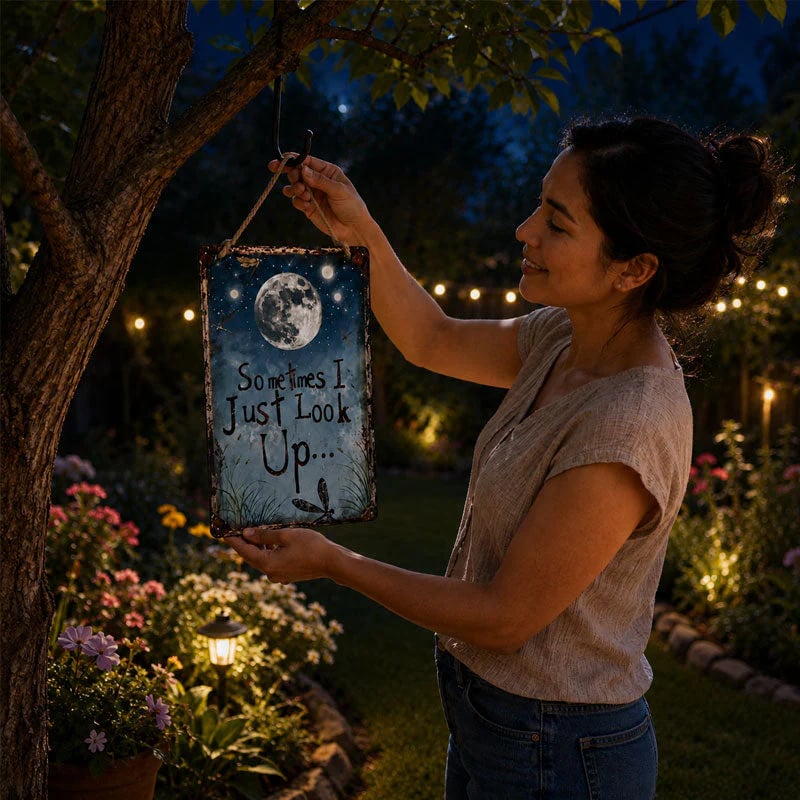 🌙 Retro Night Sky Metal Sign – “Sometimes I just look up...” Inspirational Wall Decor