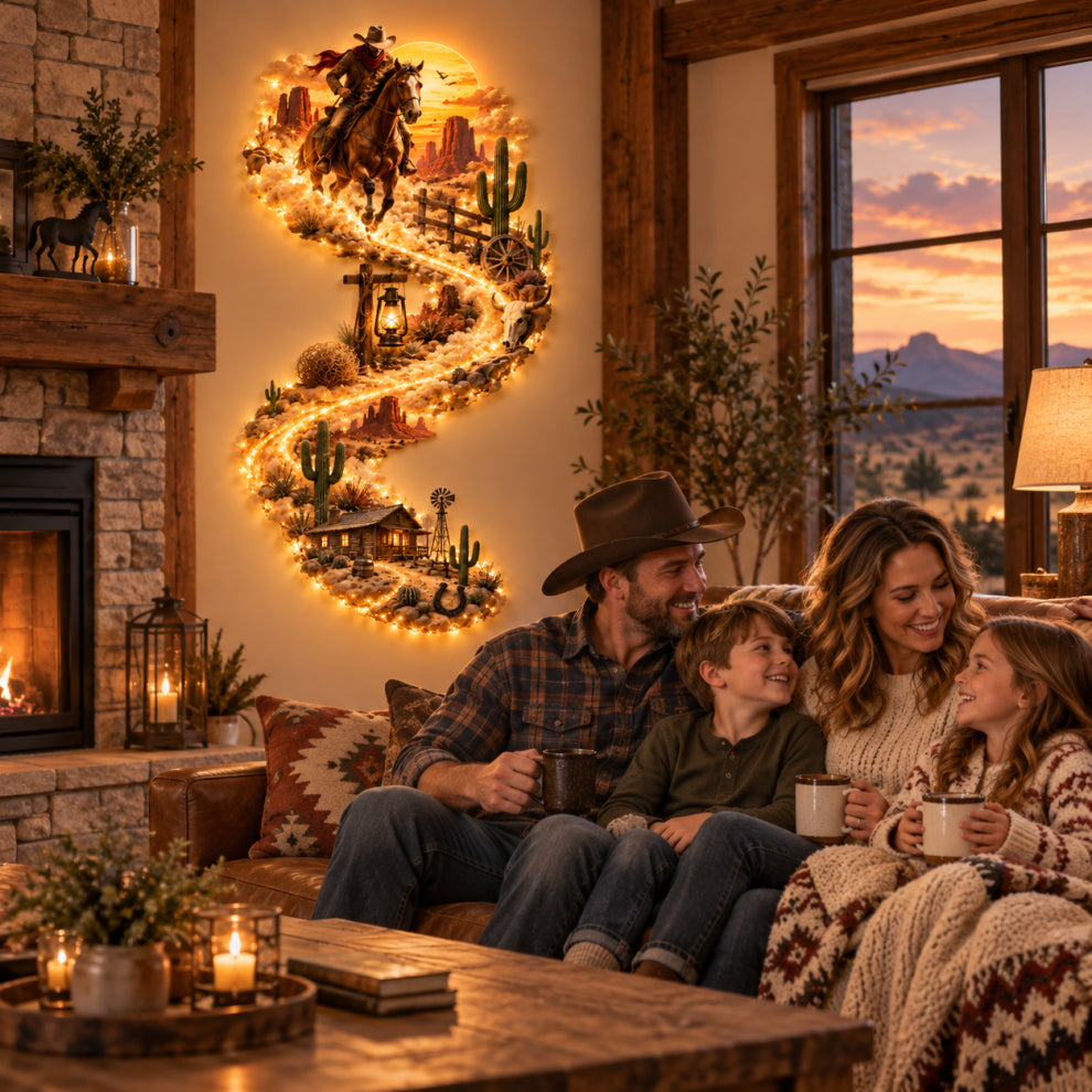 🤠Western Cowboy LED Wall Decor – Lighted Wild West Desert Scene with Horseback Rider, Cactus & Ranch Details